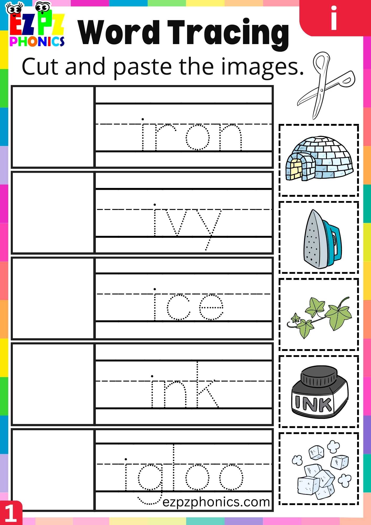 Letter I Word Tracing Beginning Sounds Worksheet